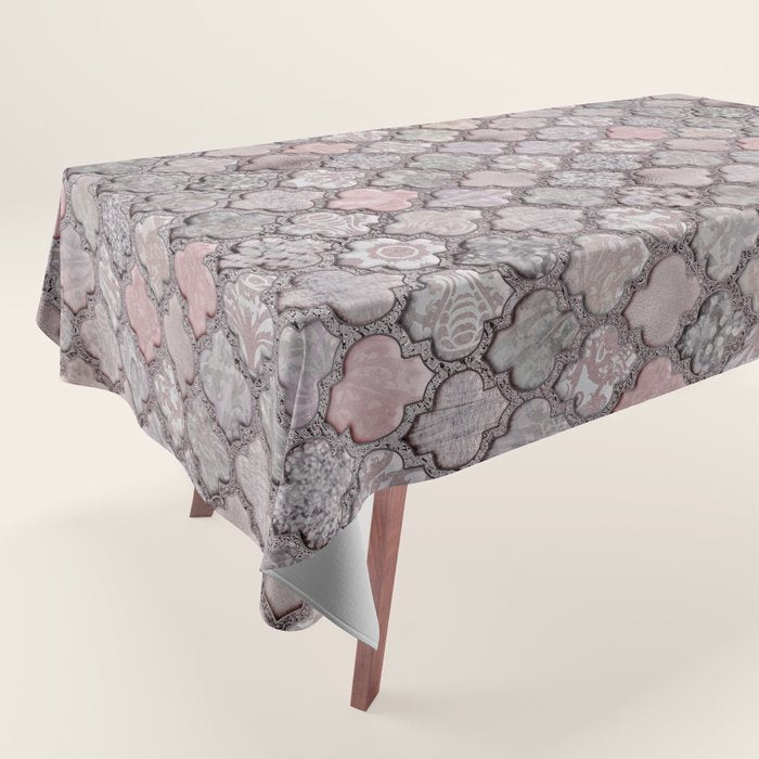 Vintage Moroccan Tiles Grey, Blush And Smoke Pink Tablecloth Gallery Image 1