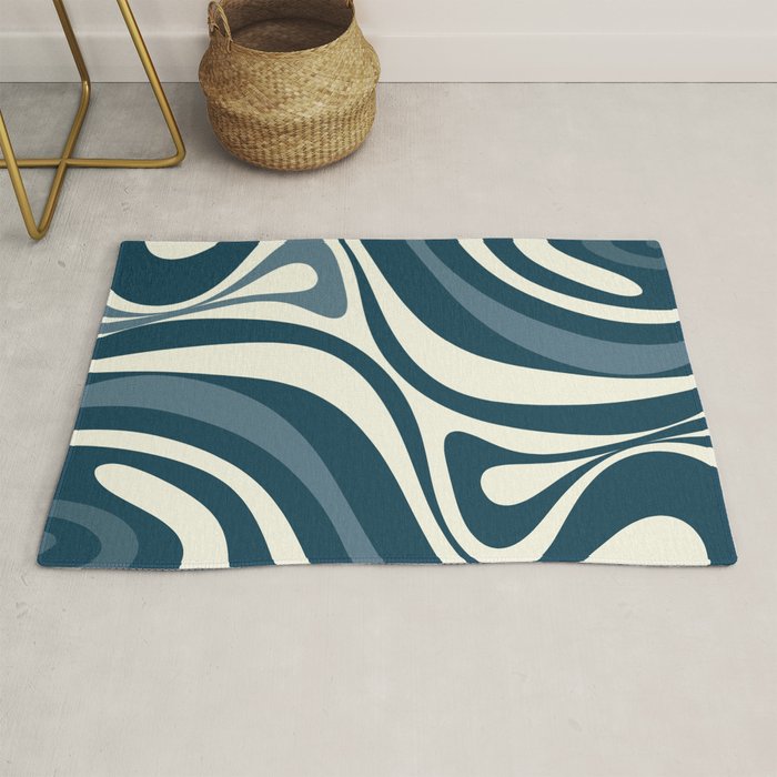 New Groove Retro Swirl Abstract Pattern Steel Teal Blue Rug Gallery Image 1