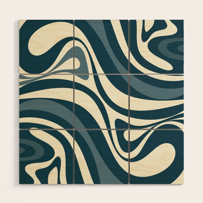 New Groove Retro Swirl Abstract Pattern Steel Teal Blue Wood Wall Art Gallery Image 1