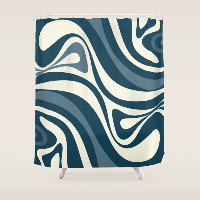 New Groove Retro Swirl Abstract Pattern Steel Teal Blue Shower Curtain Gallery Image 1