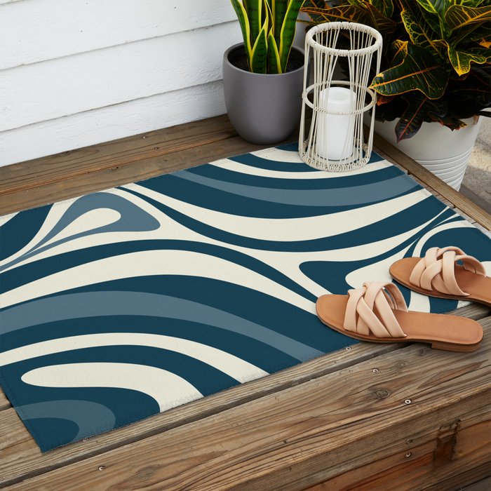 New Groove Retro Swirl Abstract Pattern Steel Teal Blue Outdoor Rug Gallery Image 2