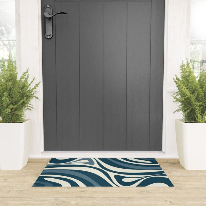 New Groove Retro Swirl Abstract Pattern Steel Teal Blue Welcome Mat Gallery Image 3
