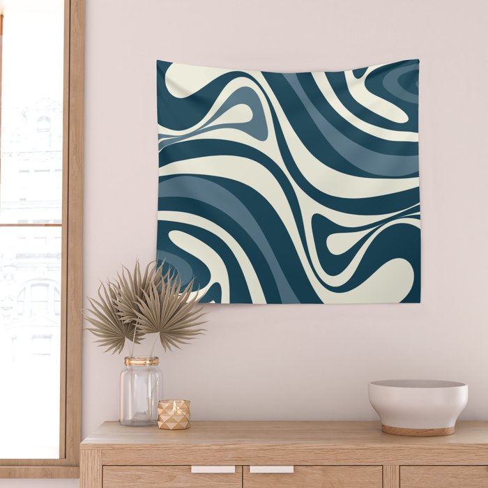 New Groove Retro Swirl Abstract Pattern Steel Teal Blue Wall Tapestry Gallery Image 2