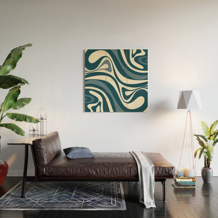 New Groove Retro Swirl Abstract Pattern Steel Teal Blue Wood Wall Art Gallery Image 2