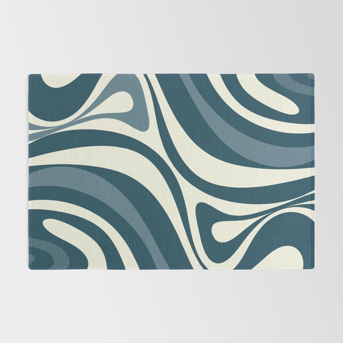 New Groove Retro Swirl Abstract Pattern Steel Teal Blue Rug Gallery Image 2