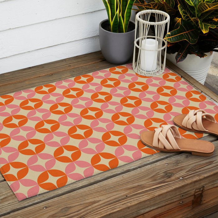 Mid Century Modern Pattern in Pink and Orange Outdoor Rug Gallery Image 2