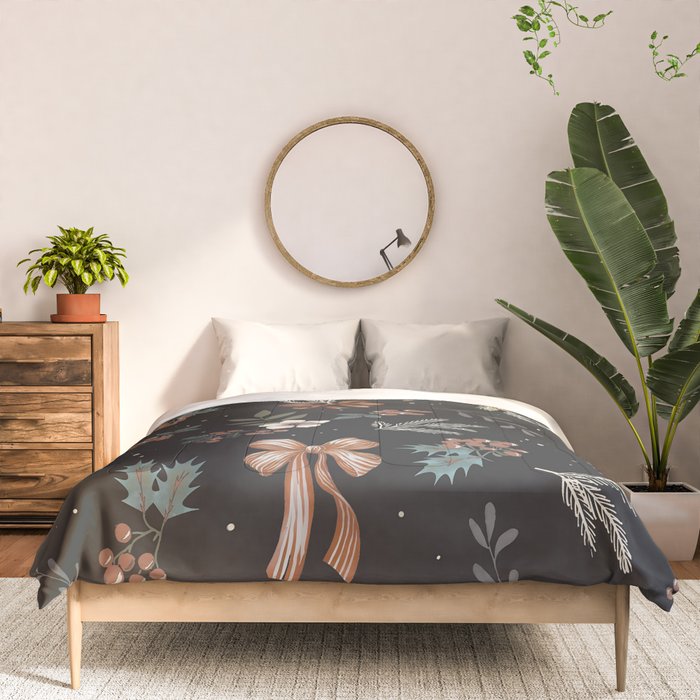 Vintage Winter Foliage with Berries, Pinecones and Ribbons on Black Comforter Gallery Image 3