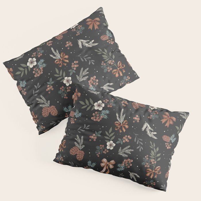 Vintage Winter Foliage with Berries, Pinecones and Ribbons on Black Pillow Sham Gallery Image 3