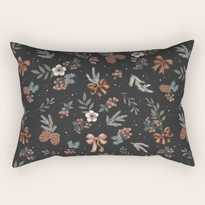 Vintage Winter Foliage with Berries, Pinecones and Ribbons on Black Rectangular Pillow Gallery Image 2