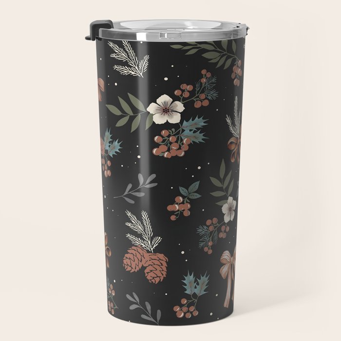 Vintage Winter Foliage with Berries, Pinecones and Ribbons on Black Travel Mug Gallery Image 3
