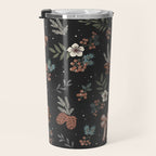 Vintage Winter Foliage with Berries, Pinecones and Ribbons on Black Travel Mug Gallery Image 3
