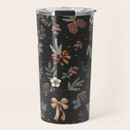 Vintage Winter Foliage with Berries, Pinecones and Ribbons on Black Travel Mug Gallery Image 1