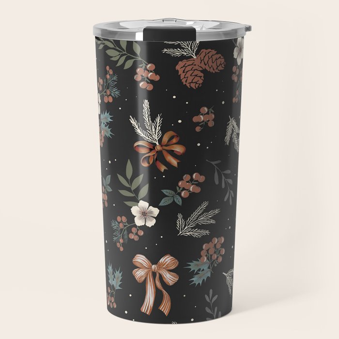 Vintage Winter Foliage with Berries, Pinecones and Ribbons on Black Travel Mug Gallery Image 1