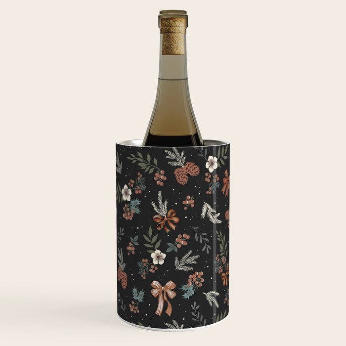 Vintage Winter Foliage with Berries, Pinecones and Ribbons on Black Wine Chiller Gallery Image 1