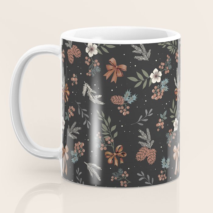 Vintage Winter Foliage with Berries, Pinecones and Ribbons on Black Coffee Mug Gallery Image 3