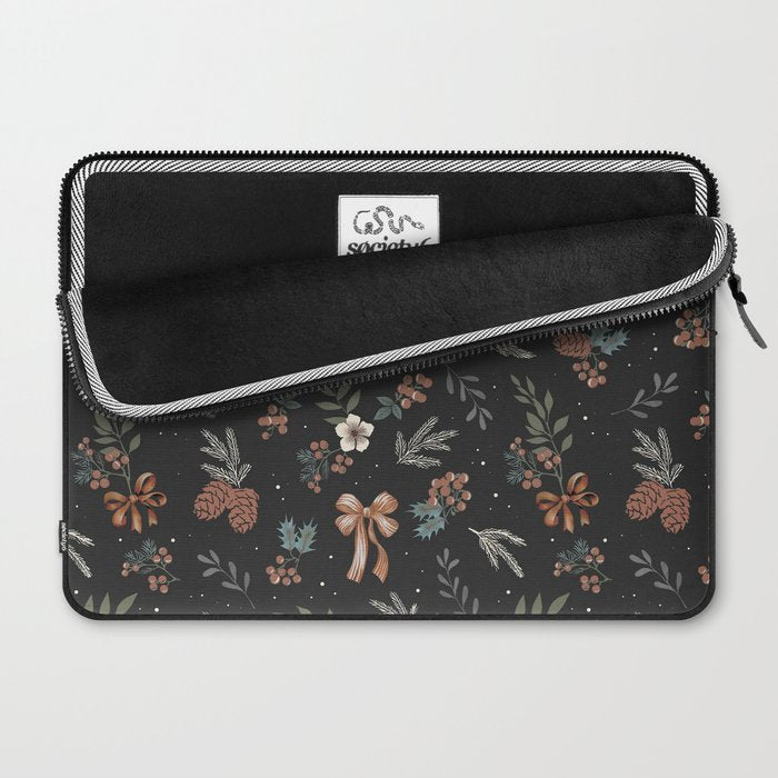 Vintage Winter Foliage with Berries, Pinecones and Ribbons on Black Laptop Sleeve Gallery Image 2