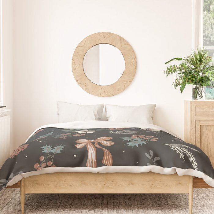 Vintage Winter Foliage with Berries, Pinecones and Ribbons on Black Duvet Cover Gallery Image 3