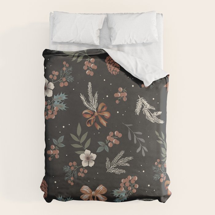 Vintage Winter Foliage with Berries, Pinecones and Ribbons on Black Duvet Cover Gallery Image 6