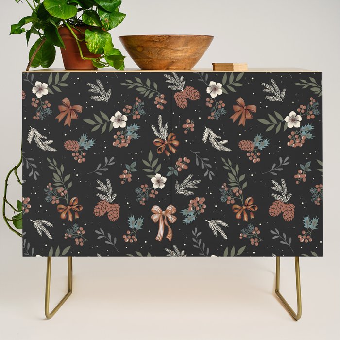 Vintage Winter Foliage with Berries, Pinecones and Ribbons on Black Credenza Gallery Image 1