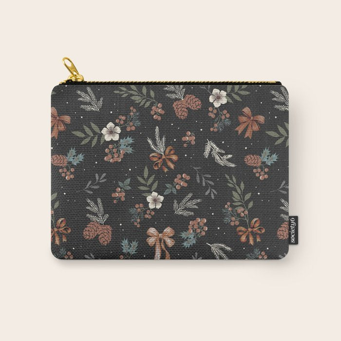 Vintage Winter Foliage with Berries, Pinecones and Ribbons on Black Carry All Pouch Gallery Image 1