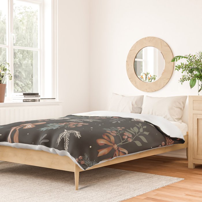 Vintage Winter Foliage with Berries, Pinecones and Ribbons on Black Duvet Cover Gallery Image 2
