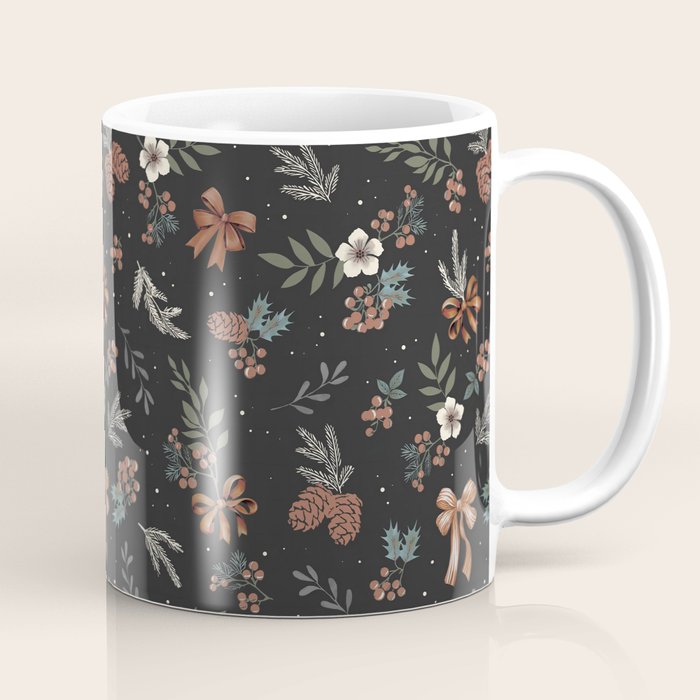Vintage Winter Foliage with Berries, Pinecones and Ribbons on Black Coffee Mug Gallery Image 1