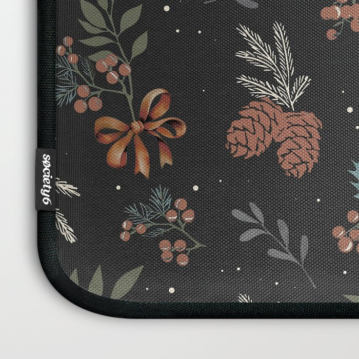Vintage Winter Foliage with Berries, Pinecones and Ribbons on Black Laptop Sleeve Gallery Image 3