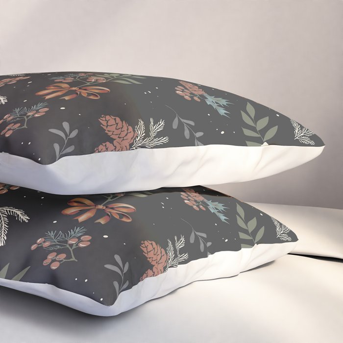 Vintage Winter Foliage with Berries, Pinecones and Ribbons on Black Pillow Sham Gallery Image 3