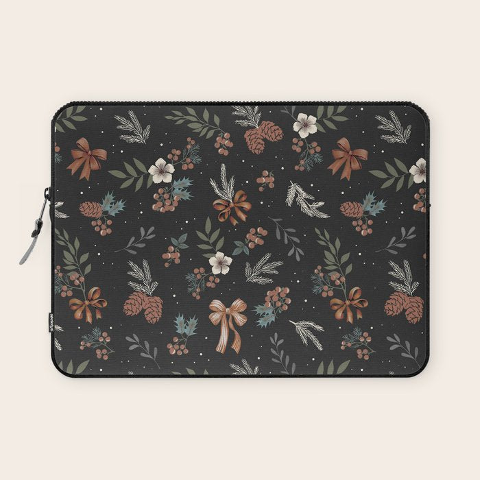 Vintage Winter Foliage with Berries, Pinecones and Ribbons on Black Laptop Sleeve Gallery Image 1