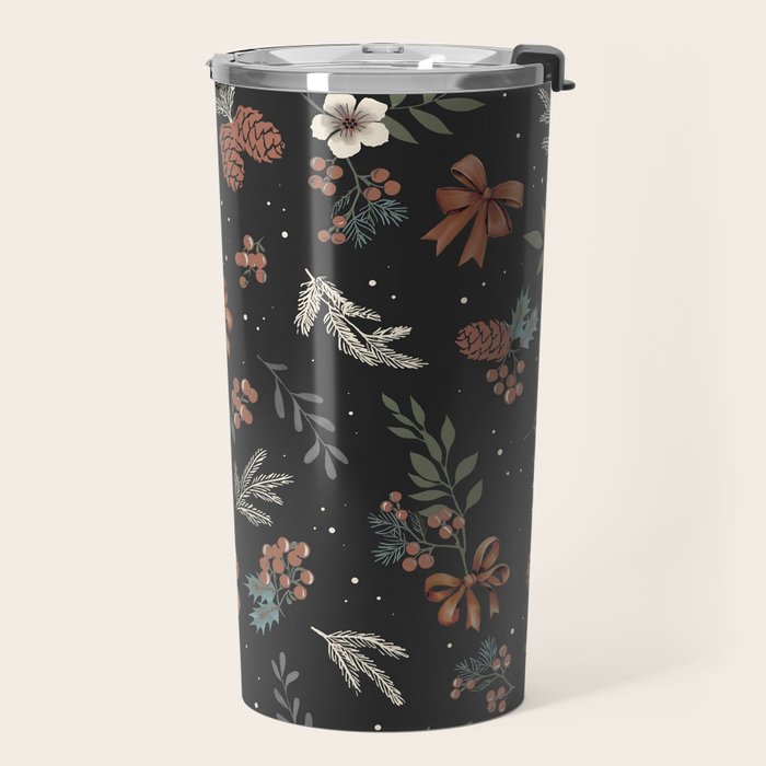 Vintage Winter Foliage with Berries, Pinecones and Ribbons on Black Travel Mug Gallery Image 2