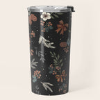 Vintage Winter Foliage with Berries, Pinecones and Ribbons on Black Travel Mug Gallery Image 2