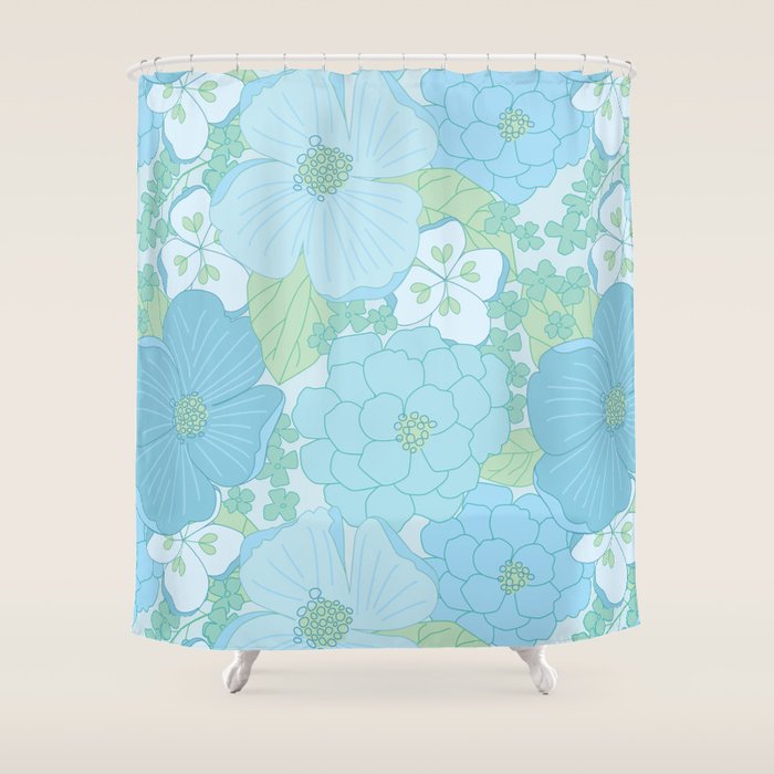 Light Blue Pastel Vintage Floral Pattern Shower Curtain Gallery Image 1