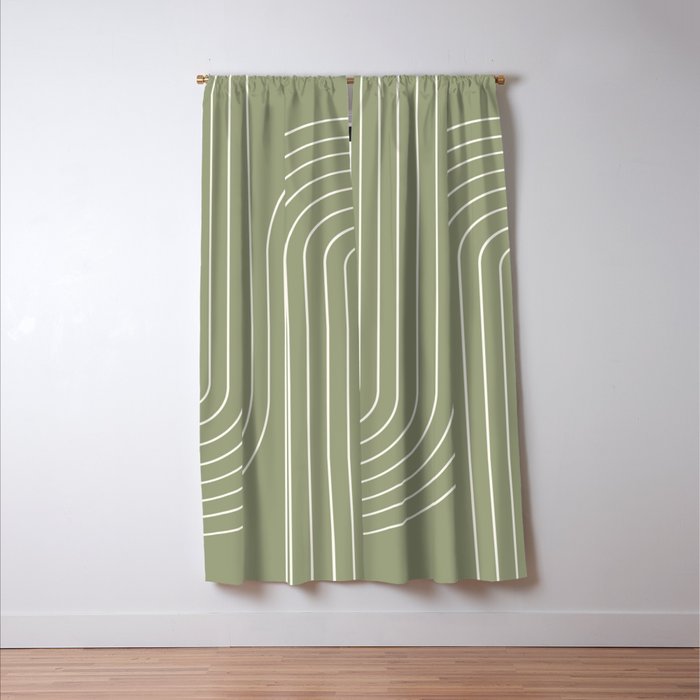 Minimal Line Curvature LXXXII Earthy Sage Green Mid Century Modern Arch Abstract Window Curtain Gallery Image 3