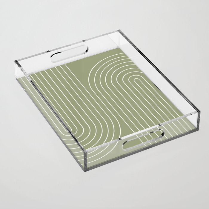 Minimal Line Curvature LXXXII Earthy Sage Green Mid Century Modern Arch Abstract Acrylic Tray Gallery Image 1