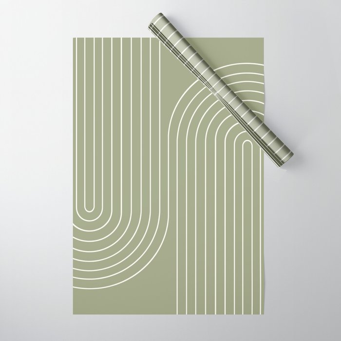 Minimal Line Curvature LXXXII Earthy Sage Green Mid Century Modern Arch Abstract Wrapping Paper Gallery Image 1