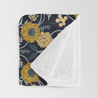 Navy Blue, Turquoise, Cream & Mustard Yellow Dark Floral Pattern Throw Blanket Gallery Image 3