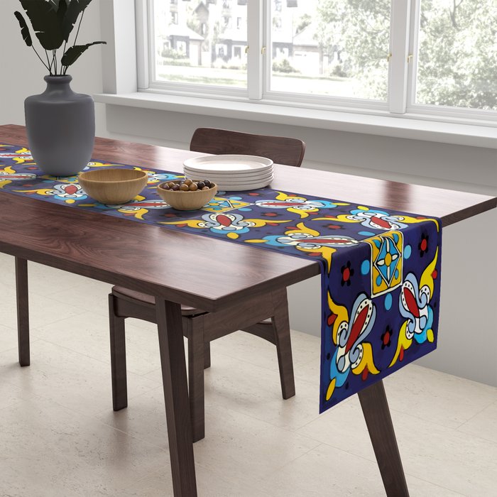 Abstract blue cruz mexican modern talavera tile wall Table Runner Gallery Image 2