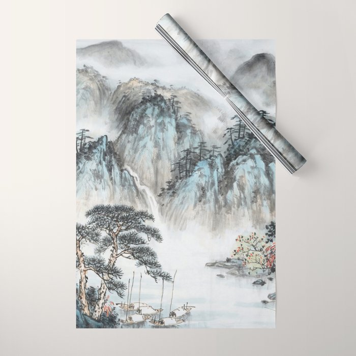 Enchanting Japanese Watercolor Ink Landscape Painting Wrapping Paper Gallery Image 1