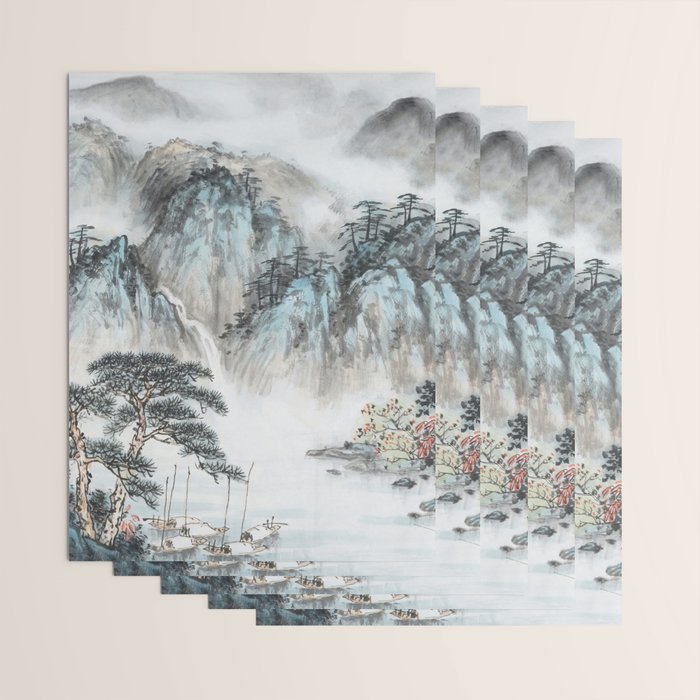 Enchanting Japanese Watercolor Ink Landscape Painting Wrapping Paper Gallery Image 3