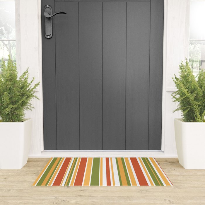 Retro Stripes - Mid Century Modern 50s 60s 70s Pattern in Green, Orange, Yellow, and White Welcome Mat Gallery Image 3