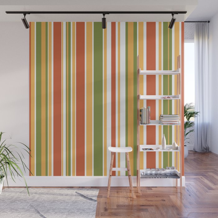 Retro Stripes - Mid Century Modern 50s 60s 70s Pattern in Green, Orange, Yellow, and White Wall Mural Gallery Image 1