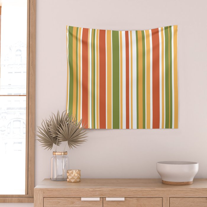 Retro Stripes - Mid Century Modern 50s 60s 70s Pattern in Green, Orange, Yellow, and White Wall Tapestry Gallery Image 2