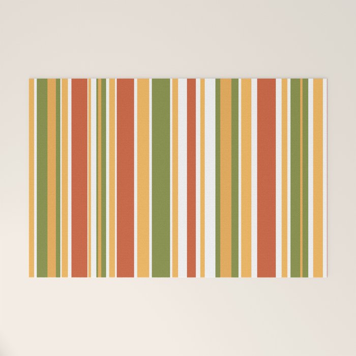 Retro Stripes - Mid Century Modern 50s 60s 70s Pattern in Green, Orange, Yellow, and White Welcome Mat Gallery Image 1