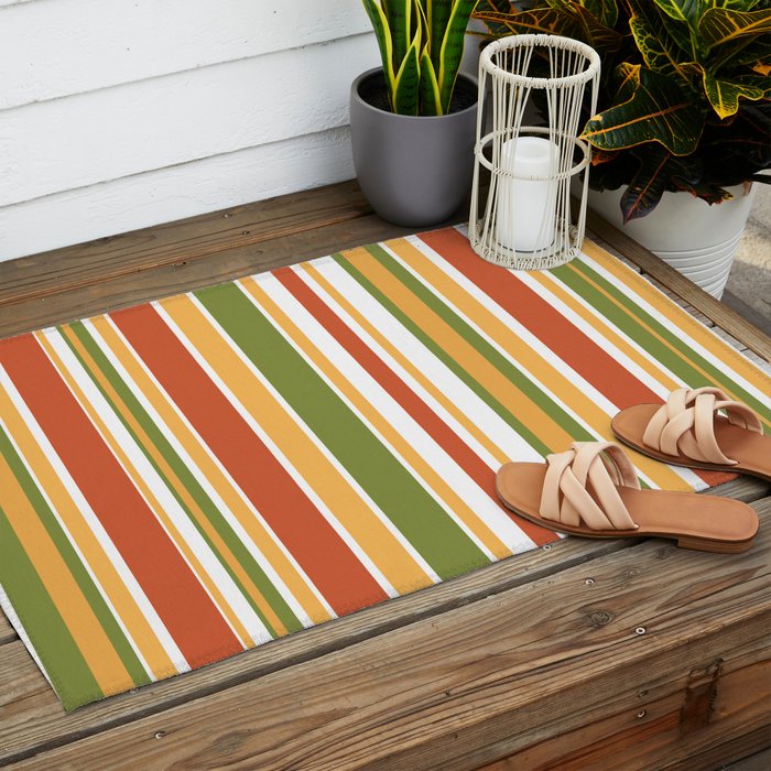 Retro Stripes - Mid Century Modern 50s 60s 70s Pattern in Green, Orange, Yellow, and White Outdoor Rug Gallery Image 2