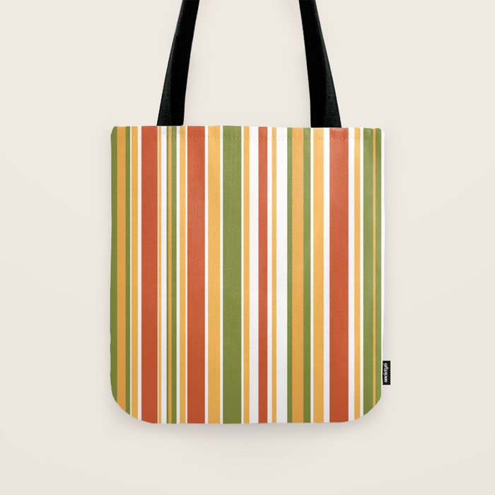 Retro Stripes - Mid Century Modern 50s 60s 70s Pattern in Green, Orange, Yellow, and White Tote Bag Gallery Image 1