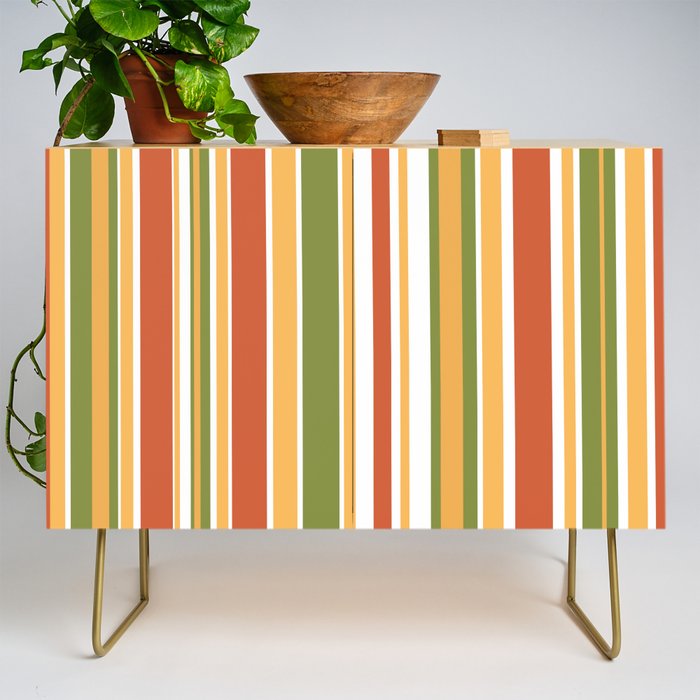 Retro Stripes - Mid Century Modern 50s 60s 70s Pattern in Green, Orange, Yellow, and White Credenza Gallery Image 1