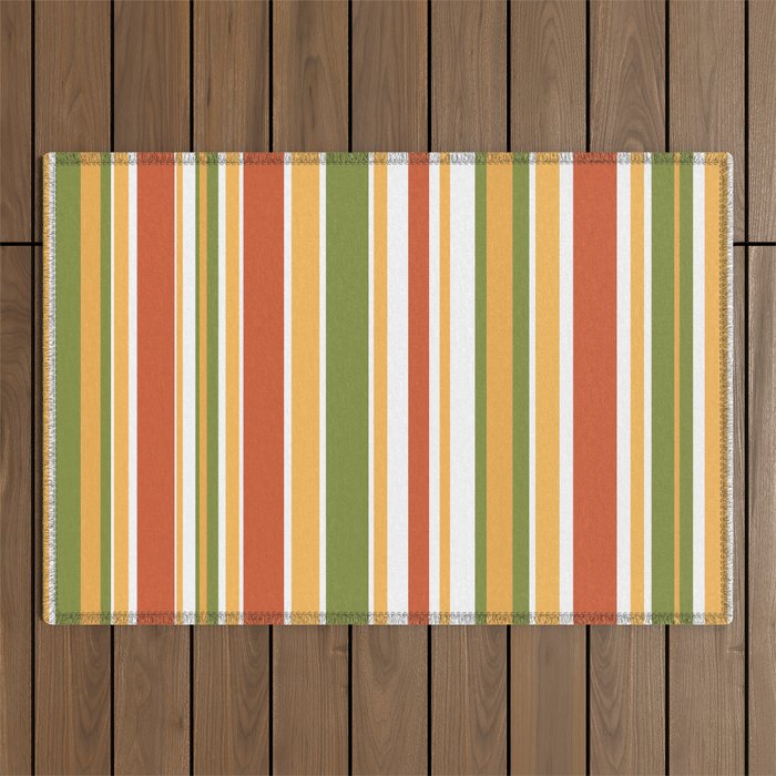 Retro Stripes - Mid Century Modern 50s 60s 70s Pattern in Green, Orange, Yellow, and White Outdoor Rug Gallery Image 1