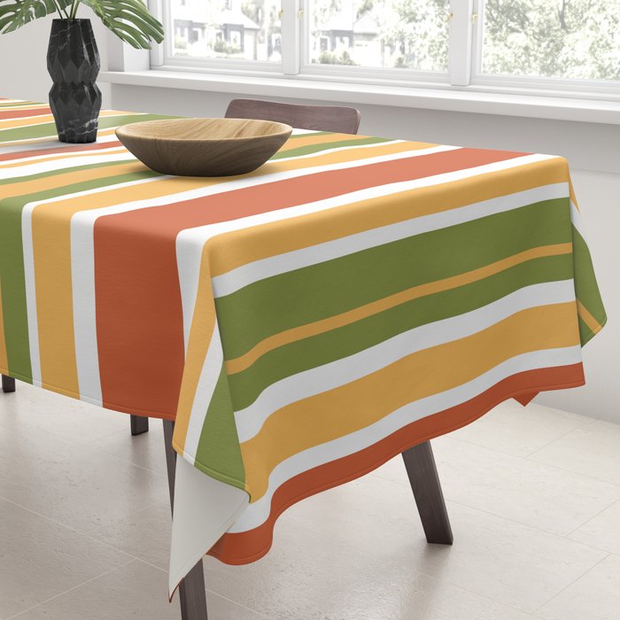 Retro Stripes - Mid Century Modern 50s 60s 70s Pattern in Green, Orange, Yellow, and White Tablecloth Gallery Image 3
