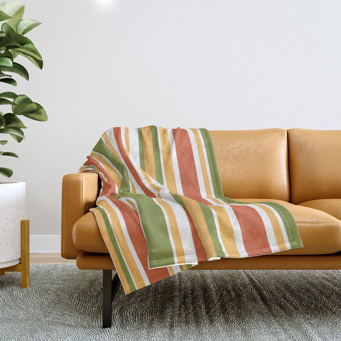 Retro Stripes - Mid Century Modern 50s 60s 70s Pattern in Green, Orange, Yellow, and White Throw Blanket Gallery Image 1