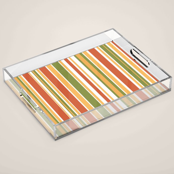 Retro Stripes - Mid Century Modern 50s 60s 70s Pattern in Green, Orange, Yellow, and White Acrylic Tray Gallery Image 1